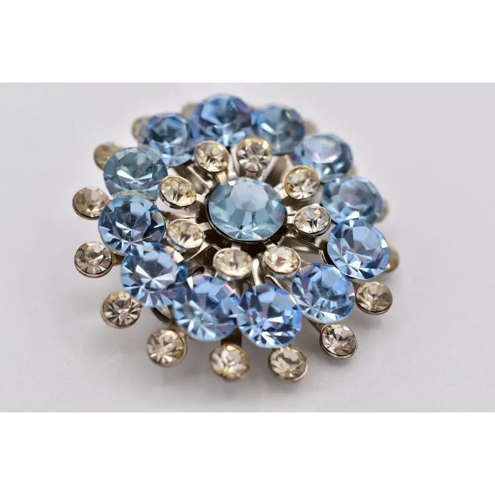 Vintage Sky Blue Rhinestone Starburst Brooch Crystal Silver Floral Pin 50s BinBI
